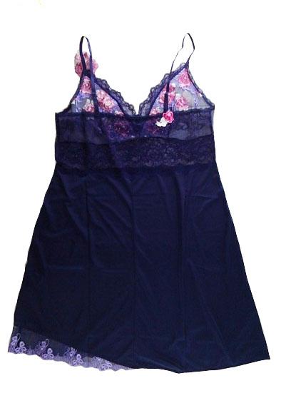 【スリップ】3L-85サイズ|インクブルー|ランジェリー|肩紐調節可|Vネック|胸元花柄レース|透け素材