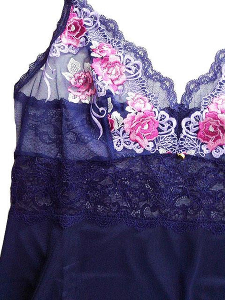 【スリップ】3L-85サイズ|インクブルー|ランジェリー|肩紐調節可|Vネック|胸元花柄レース|透け素材