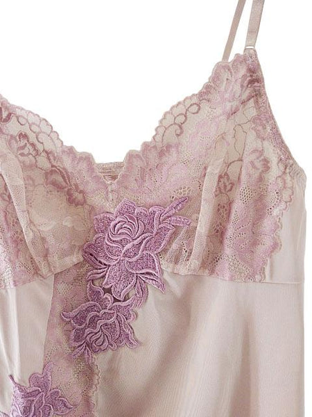 【スリップ】80-90サイズ|シルクローズ/ パープル/ ピンク|肩紐調節可|前レース|後レース|胸から下にレース|胸刺繍