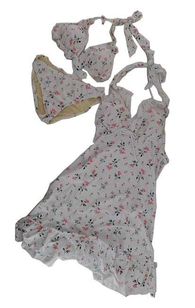 【水着ブラジャー&ショーツ&ワンピース3点セット】LLサイズ|オフホワイト|胸元リボン付|花柄