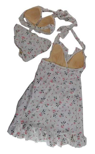 【水着ブラジャー&ショーツ&ワンピース3点セット】LLサイズ|オフホワイト|胸元リボン付|花柄