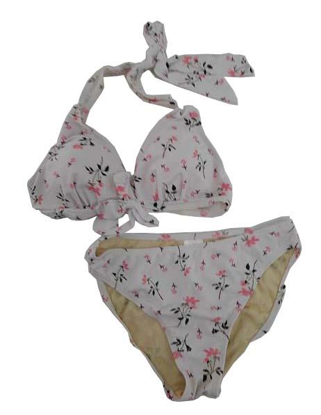 【水着ブラジャー&ショーツ&ワンピース3点セット】LLサイズ|オフホワイト|胸元リボン付|花柄