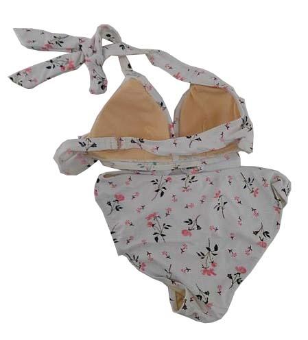 【水着ブラジャー&ショーツ&ワンピース3点セット】LLサイズ|オフホワイト|胸元リボン付|花柄