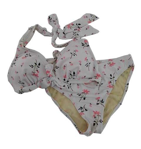 【水着ブラジャー&ショーツ&ワンピース3点セット】LLサイズ|オフホワイト|胸元リボン付|花柄