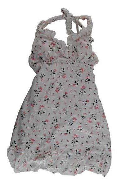 【水着ブラジャー&ショーツ&ワンピース3点セット】LLサイズ|オフホワイト|胸元リボン付|花柄