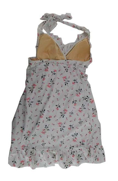 【水着ブラジャー&ショーツ&ワンピース3点セット】LLサイズ|オフホワイト|胸元リボン付|花柄