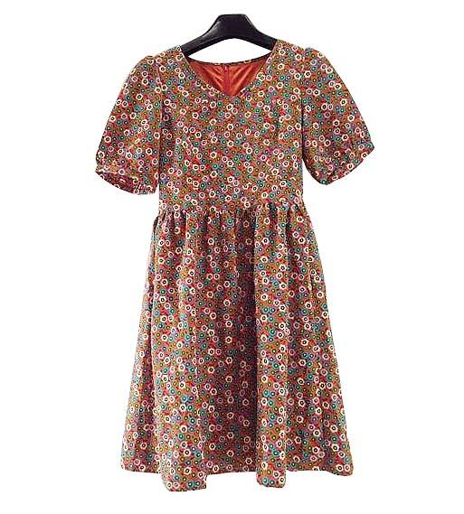 【ワンピース(訳あり)】オレンジ/ カーキ/ 紫/ ネイビー/ 青/ 白|背中ファスナー開閉|花柄模様|肌触りサラサラ|胸広Vネック