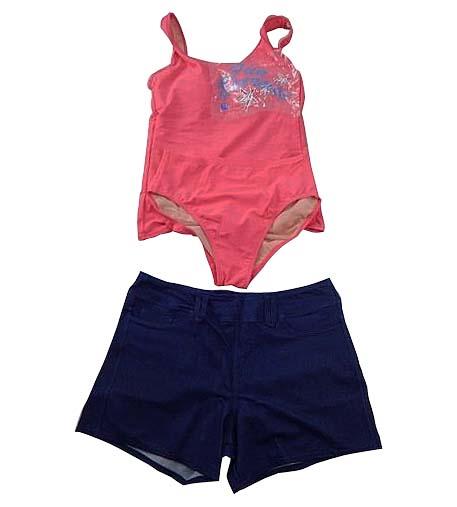 【水着(訳あり)】Lサイズ|ピンク/ ブルー/ 白 インディゴブルー|上タンクトップ風|左胸プリント柄|ショーツ|ショートパンツデニム素材