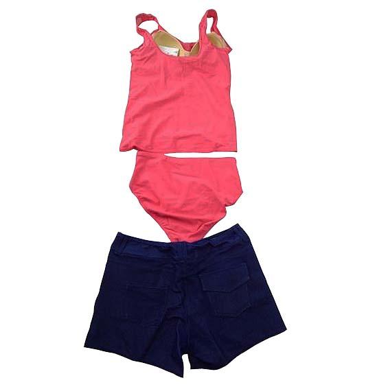 【水着(訳あり)】Lサイズ|ピンク/ ブルー/ 白 インディゴブルー|上タンクトップ風|左胸プリント柄|ショーツ|ショートパンツデニム素材