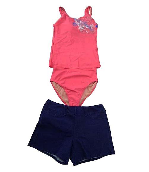 【水着(訳あり)】Lサイズ|ピンク/ ブルー/ 白 インディゴブルー|上タンクトップ風|左胸プリント柄|ショーツ|ショートパンツデニム素材