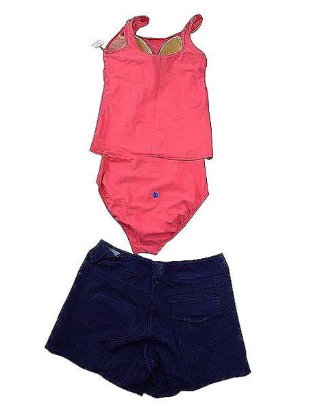 【水着(訳あり)】Lサイズ|ピンク/ ブルー/ 白 インディゴブルー|上タンクトップ風|左胸プリント柄|ショーツ|ショートパンツデニム素材