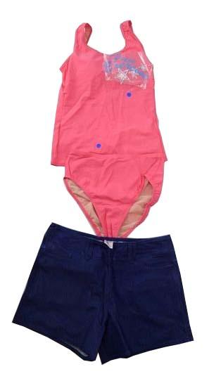 【水着(訳あり)】Lサイズ|ピンク/ ブルー/ 白 インディゴブルー|上タンクトップ風|左胸プリント柄|ショーツ|ショートパンツデニム素材