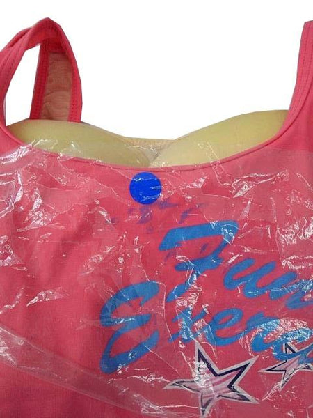 【水着(訳あり)】Lサイズ|ピンク/ ブルー/ 白 インディゴブルー|上タンクトップ風|左胸プリント柄|ショーツ|ショートパンツデニム素材