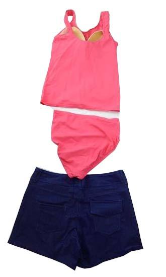 【水着(訳あり)】Lサイズ|ピンク/ ブルー/ 白 インディゴブルー|上タンクトップ風|左胸プリント柄|ショーツ|ショートパンツデニム素材