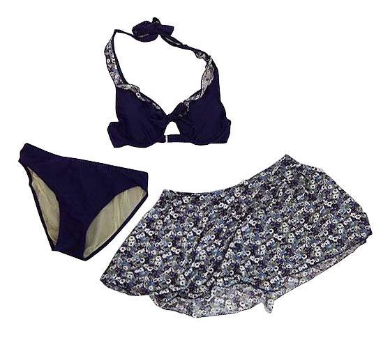 【水着】LLサイズ|ネイビー/ バイオレット/ オフホワイト|3点セット|フリルビキニ|ブラジャー|ショーツ|スカート