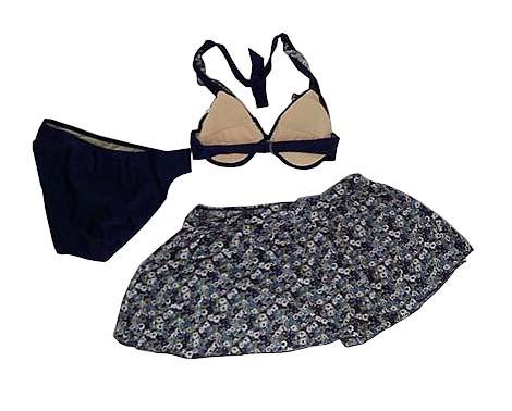 【水着】LLサイズ|ネイビー/ バイオレット/ オフホワイト|3点セット|フリルビキニ|ブラジャー|ショーツ|スカート