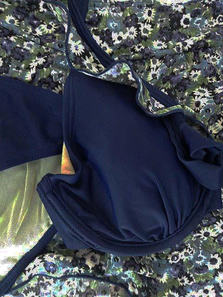 【水着】LLサイズ|ネイビー/ バイオレット/ オフホワイト|3点セット|フリルビキニ|ブラジャー|ショーツ|スカート