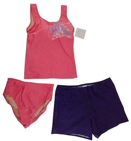 【水着】LLサイズ|ピンク/ 青/ 白 インディゴブルー|トップス|左胸プリント柄|ショーツ|ショートパンツデニム素材