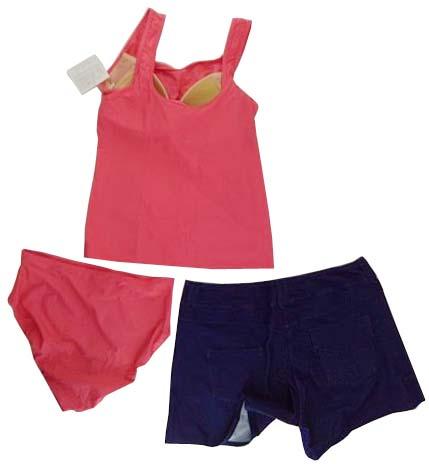 【水着】LLサイズ|ピンク/ 青/ 白 インディゴブルー|トップス|左胸プリント柄|ショーツ|ショートパンツデニム素材