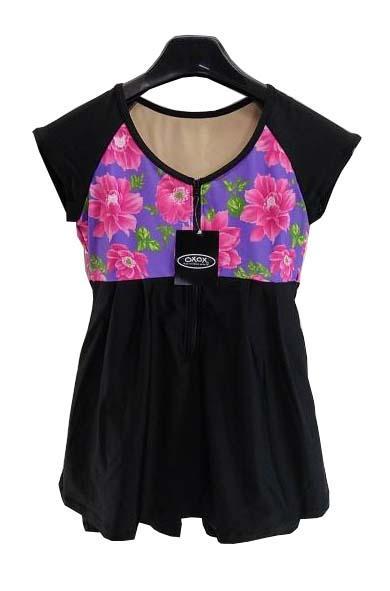 【水着】ワンピース|Mサイズ|ブラック|パット付き|フロントファスナー|胸に花柄模様|体型カバー