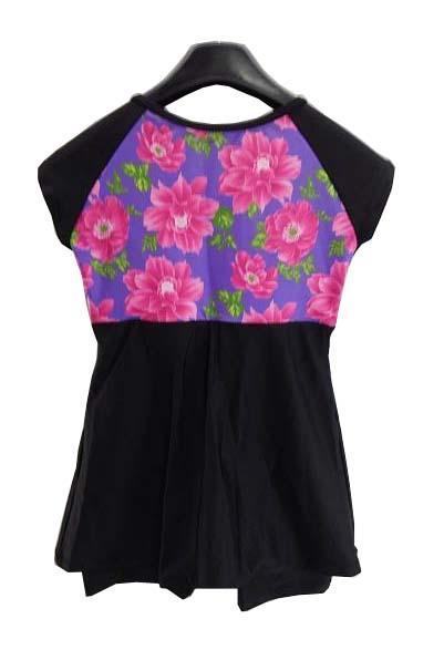 【水着】ワンピース|Mサイズ|ブラック|パット付き|フロントファスナー|胸に花柄模様|体型カバー