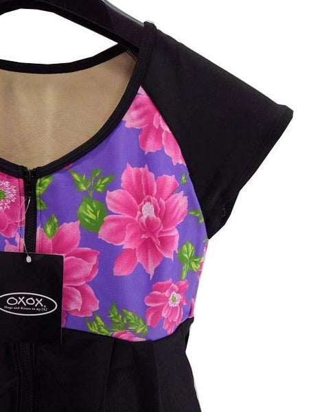 【水着】ワンピース|Mサイズ|ブラック|パット付き|フロントファスナー|胸に花柄模様|体型カバー