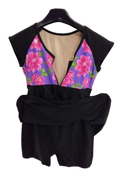 【水着】ワンピース|Mサイズ|ブラック|パット付き|フロントファスナー|胸に花柄模様|体型カバー