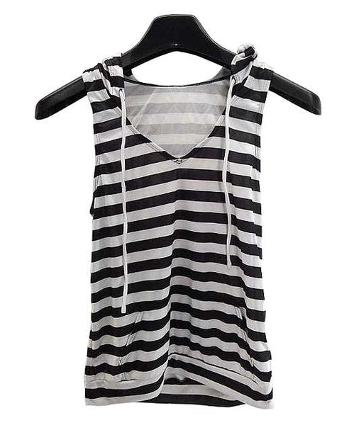 【水着 ラッシュガード】Mサイズ|ブラック×ホワイト|フード付|ボーダー柄|ノースリーブ|Vネック|裾絞り|フード調節紐付