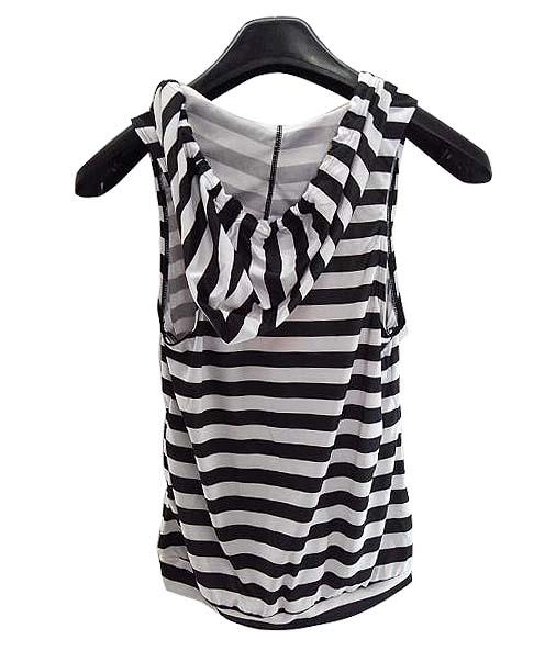 【水着 ラッシュガード】Mサイズ|ブラック×ホワイト|フード付|ボーダー柄|ノースリーブ|Vネック|裾絞り|フード調節紐付