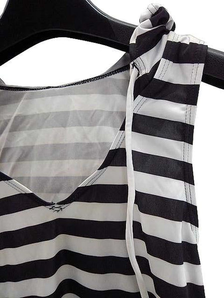 【水着 ラッシュガード】Mサイズ|ブラック×ホワイト|フード付|ボーダー柄|ノースリーブ|Vネック|裾絞り|フード調節紐付