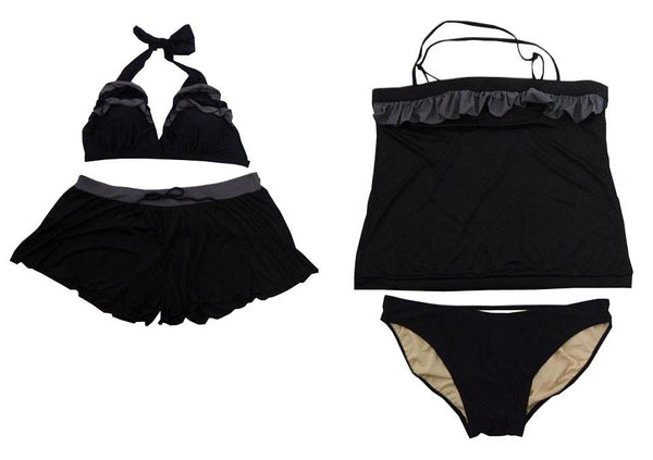 【水着】8Lサイズ|ブラック/ グレー|4点セット|キャミソール|スカート|パンツ|ビキニ上下|フリル付|パッド付