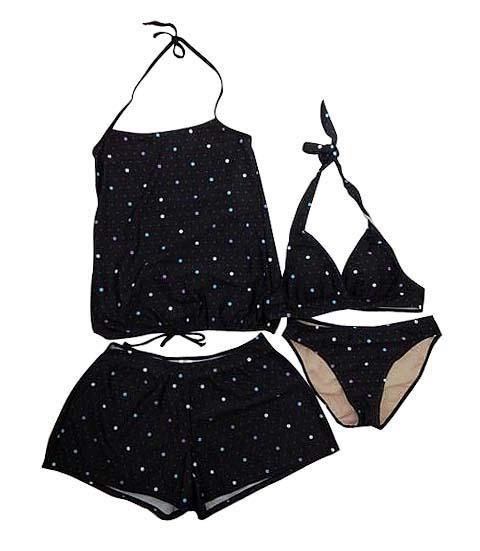 【水着】6Lサイズ|黒/ 白等|4点セット|ホルターネック|キャミソール|裾絞りゴム紐ショートパンツ|ドット柄