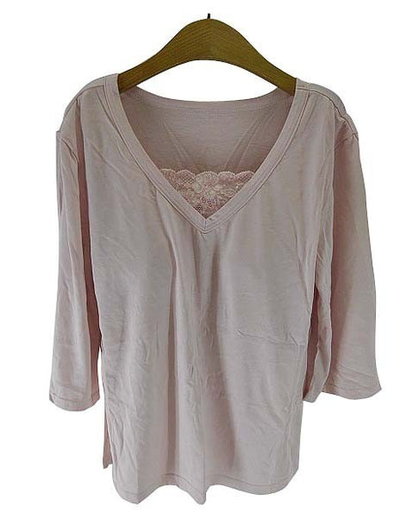【アンダーシャツ】LLサイズ|ピンクベージュ|ノンワイヤー|七分袖|カップ付|インナー|Vネック|胸元レース