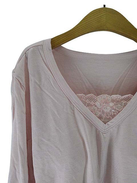 【アンダーシャツ】LLサイズ|ピンクベージュ|ノンワイヤー|七分袖|カップ付|インナー|Vネック|胸元レース