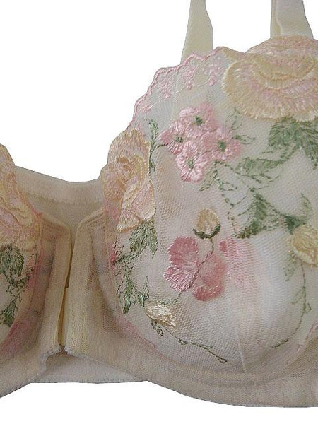 【ブラジャー】B90サイズ｜シルクベージュ/ ピンク/ グリーン｜ワイヤー入り｜フロントホック｜花柄刺繍｜肩紐調節可