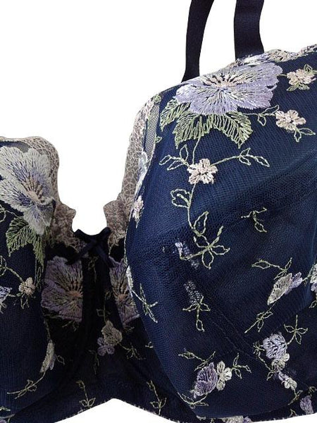 【ブラジャー】I100サイズ｜ネイビー｜ワイヤー入り｜フルカップ｜肩ひも調節可｜花柄刺繍｜谷間リボン飾り｜洗濯可｜レディースインナー