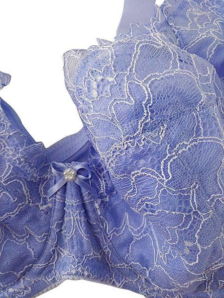 【ブラジャー】F85サイズ｜プラシッドブルー｜ノンワイヤー｜花柄刺繍｜肩紐調節可｜胸元レース｜脇メッシュ｜谷間リボンパールビーズ
