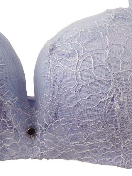 【ブラジャー】Lサイズ｜ブラッドブルー｜ノンワイヤー｜肩ひも調節可｜花柄刺繍レース｜谷間ストーン付き
