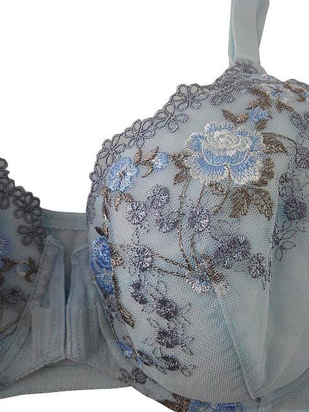 【ブラジャー】B100サイズ｜スィートブルー｜ワイヤー入り｜フロントホック｜花柄｜サイド薄手｜大きいサイズ｜レディースインナー