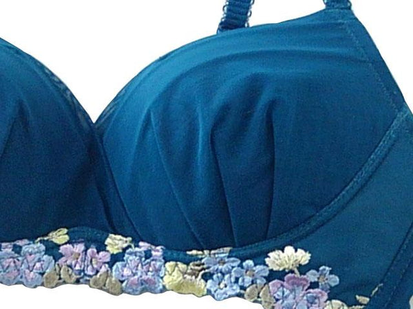 【ブラジャー】B75サイズ｜ティールグリーン｜ノンワイヤー｜肩紐調節可｜アンダー花柄刺繍｜カップシフォン