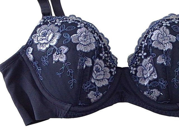 【ブラジャー】A70サイズ｜ダークグレー/ ネイビー/ パール｜ワイヤー入り｜肩ひも調節可｜カップ刺繍｜花柄｜胸元レース