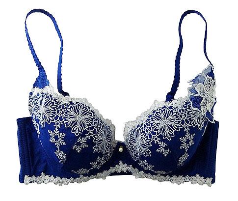 【ブラジャー】C70サイズ｜プルシアンブルー｜ワイヤー入り｜バストサイドすっきり｜3/4カップ｜サイドボーン入り｜雪の花柄