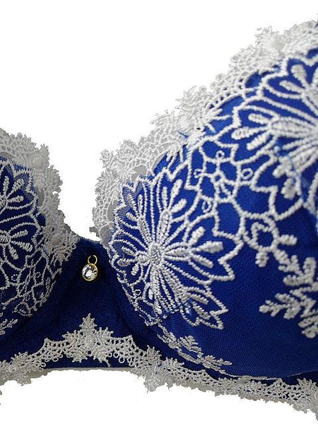 【ブラジャー】D70サイズ｜プルシアンブルー｜ワイヤー入り｜カップ刺繍｜アンダー刺繍｜肩ひも調節可