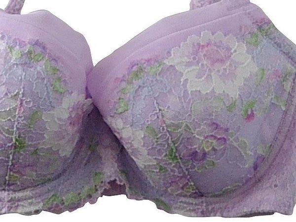 【ブラジャー】E65サイズ｜スィートパープル｜ワイヤー入り｜洗濯可｜肩紐ゴム調節可｜花柄刺繍カラフル